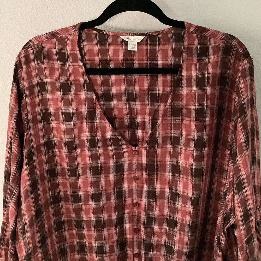 Red Plaid Cabincore Holiday Autumn Fall Christmas Ruffle Sleeve Top 22/24W - Picture 2 of 8